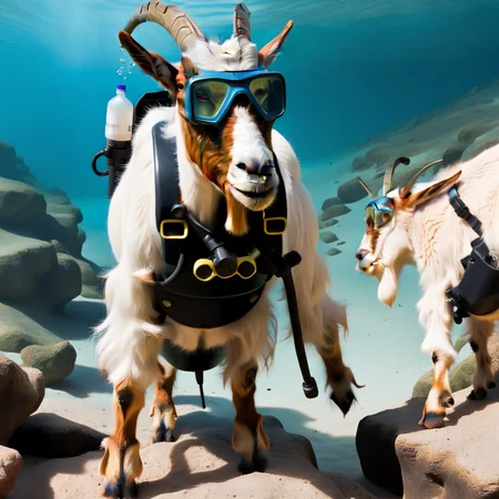 goats01 under water in scuba gear and mask, cinematic, Medium long shot, digital painting, <lora:goats01-xl:1>