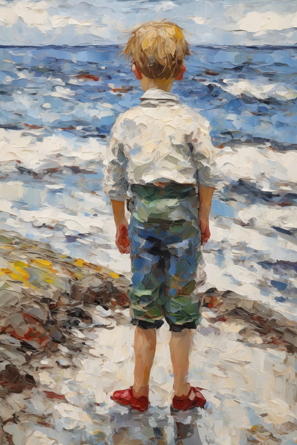 <lora:William McTaggart Style:1>William McTaggart Style - Over the shoulder view of child standing, looking out to the sea, in the style of Jack Butler Yeats, Jessie Wilcox-Smith, impasto brush strokes are loose and expressive