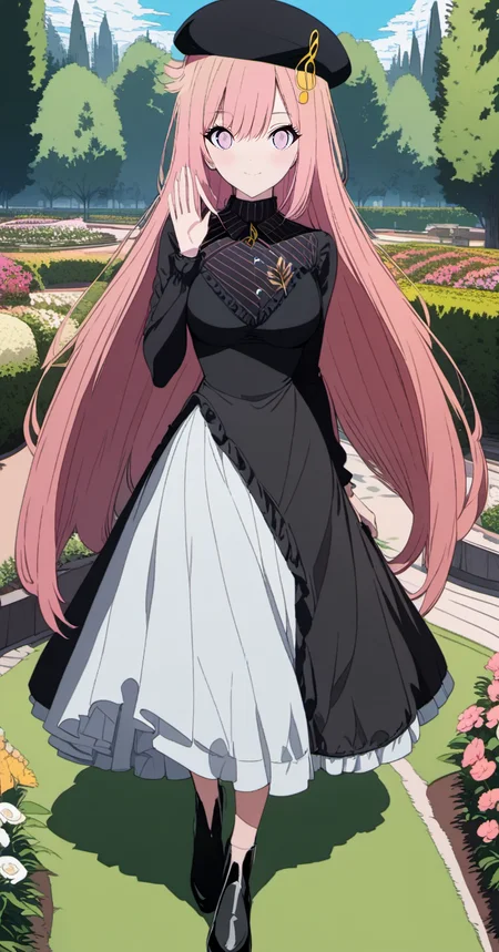 [((ligne claire,cogecha)):4],priscadys,mainoutfit,1girl, solo,((cowboy shot)),pink hair, ((pink eyes)), long hair, breasts,, bangs, medium breasts, very long hair, closed mouth, <loractl:priscadys_v1_33:.8,0@.6> , hair flaps, breasts,looking at viewer, blush,smile,black headwear, beret,treble clef, dress,long sleeves,black sleeves,shirt,black shirt,((black_dress)) ,long_dress,striped,musical note, frills,frilled dress, skirt,white_skirt,outdoors,garden, flower,trees,blue sky, clouds,day,((lower body)), waving, hand up, feet out of frame, large breasts, black footwear, long skirt,