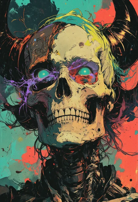 (cksc, highly detailed, hyper realistic) This digital painting depicts an intense, atmospheric portrait featuring a surreal skeletal figure with a pale, gaunt face. The extreme close-up focuses on a single glowing pale green eye embedded within smooth bone, surrounded by exaggerated dark violet markings, with bold streaks of copper and turquoise running from the eye like smeared paint. The stark white skull contrasts with abstract streaks of pastel yellow, electric blue, and iridescent rose flowing across the forehead and jaw, forming organic ripple-like patterns. The jagged mouth is filled with polished silver teeth, adding an unsettling elegance. Fine obsidian black lines accentuate the bone structure, enhancing the sinister expression. Two large, curved dark teal horns extend upward and outward from the head, engraved with subtle geometric patterns. Wisps of shadowy hair streaked with neon lime and sapphire sweep across the figure, blending into abstract swirling textures that dissolve into the borderless, ethereal background. There is no visible background — only seamless gradients of soft cyan, faded coral haze, and shimmering gold streaks that flow outward, immersing the skeletal face in an endless surreal dreamscape. The composition is painted with fluid, textured brush strokes, emphasizing emotional depth and surreal beauty.