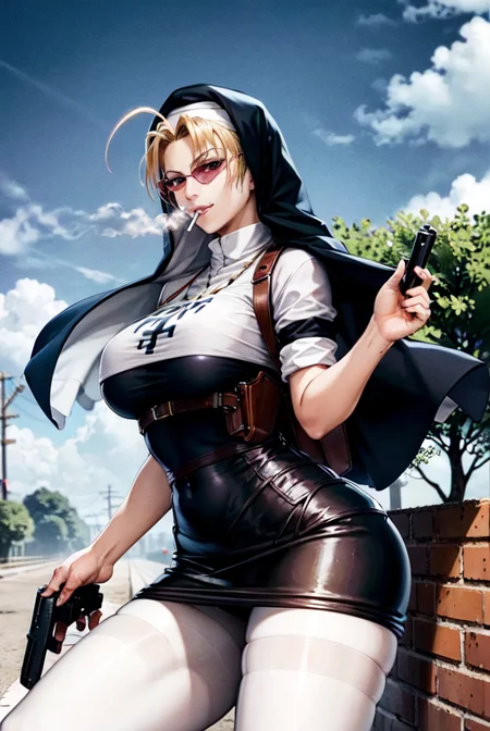 (masterpiece, best quality:1.2), eda, black lagoon, 1girl, solo, blonde hair, looking at viewer, handgun, blue eyes, black footwear, nun, weapon, day, sky, huge breasts, gun, sunglasses, cloud, dress, outdoors, smoke, smoking, habit, cigarette, holster, white pantyhose, tree, blue sky, ahoge, pantyhose <lora:EDA-15:0.8>