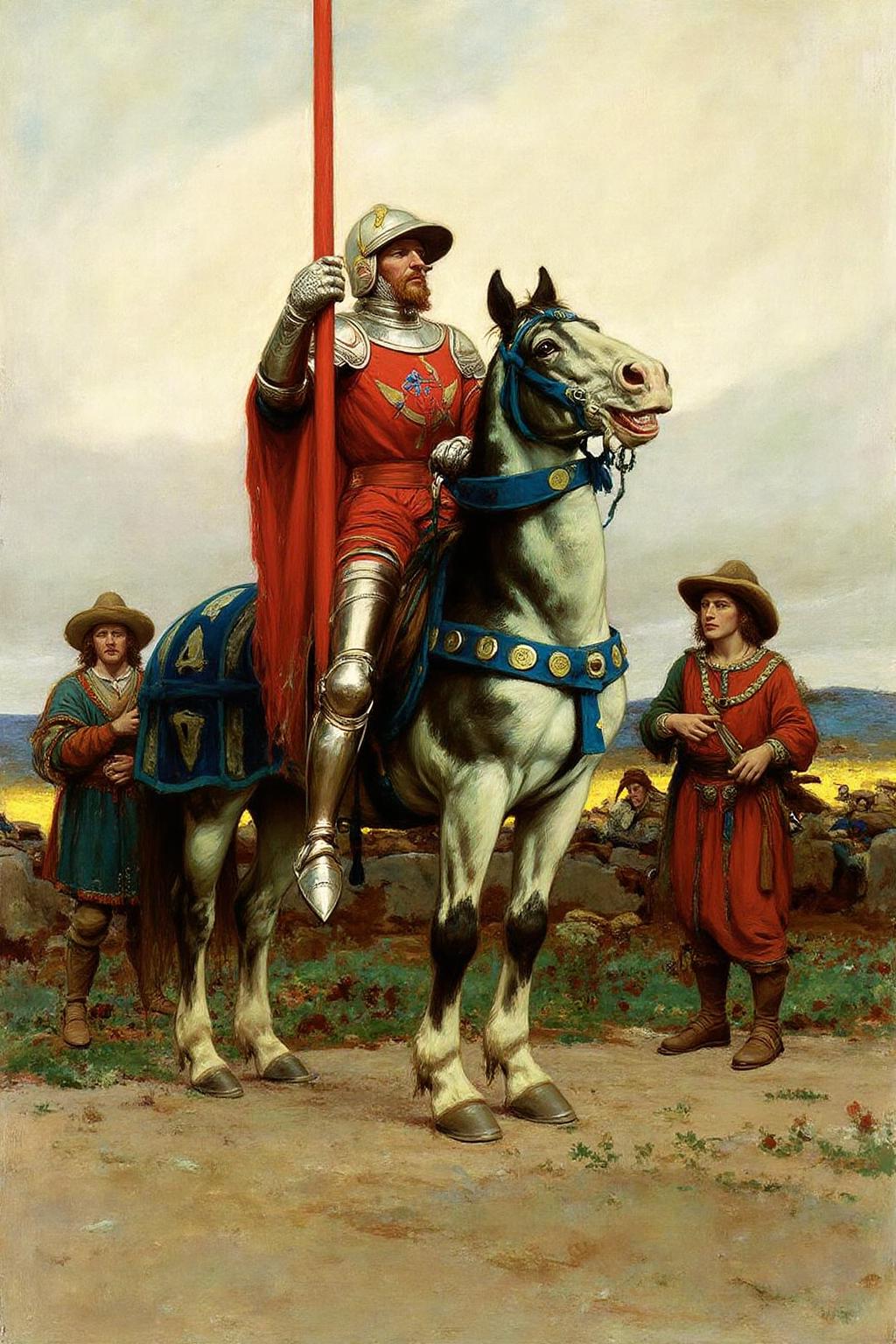 hopy1 illustration.
The central figure is a medieval knight in full armor, wearing a white and gold helmet, a red and white surcoat, and blue and gold armor. He is mounted on a white and black horse adorned with a blue and gold harness. The knight's armor is intricately detailed with a mix of gold and silver accents. He holds a tall, ornate lance in his right hand, its tip pointing skyward. There are two peasants on the ground observering him. <lora:hopy1_cap_d6a3e12:1.0><lora:826167582785745648:0>