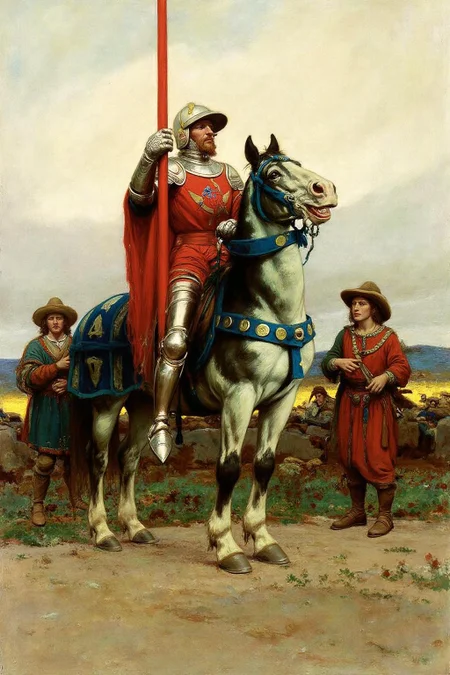 hopy1 illustration.
The central figure is a medieval knight in full armor, wearing a white and gold helmet, a red and white surcoat, and blue and gold armor. He is mounted on a white and black horse adorned with a blue and gold harness. The knight's armor is intricately detailed with a mix of gold and silver accents. He holds a tall, ornate lance in his right hand, its tip pointing skyward. There are two peasants on the ground observering him. <lora:hopy1_cap_d6a3e12:1.0><lora:826167582785745648:0>