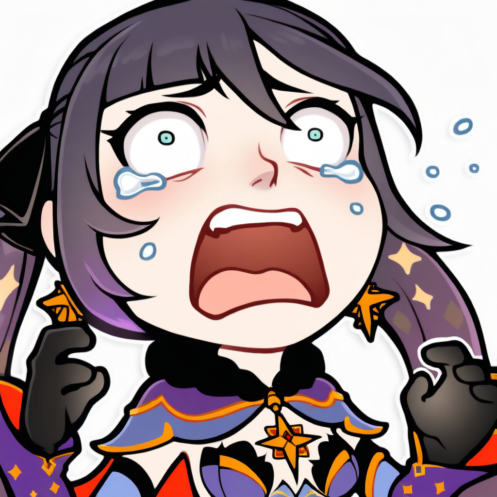 sticker, colorful, outline, chibi,
masterpiece, best quality, very aesthetic, absurdres,
1girl, mona \(genshin impact\), genshin impact
closeup, open mouth, constricted pupils, crying aqua \(meme\), <lora:StickerNoobLocon_byKonan:1>