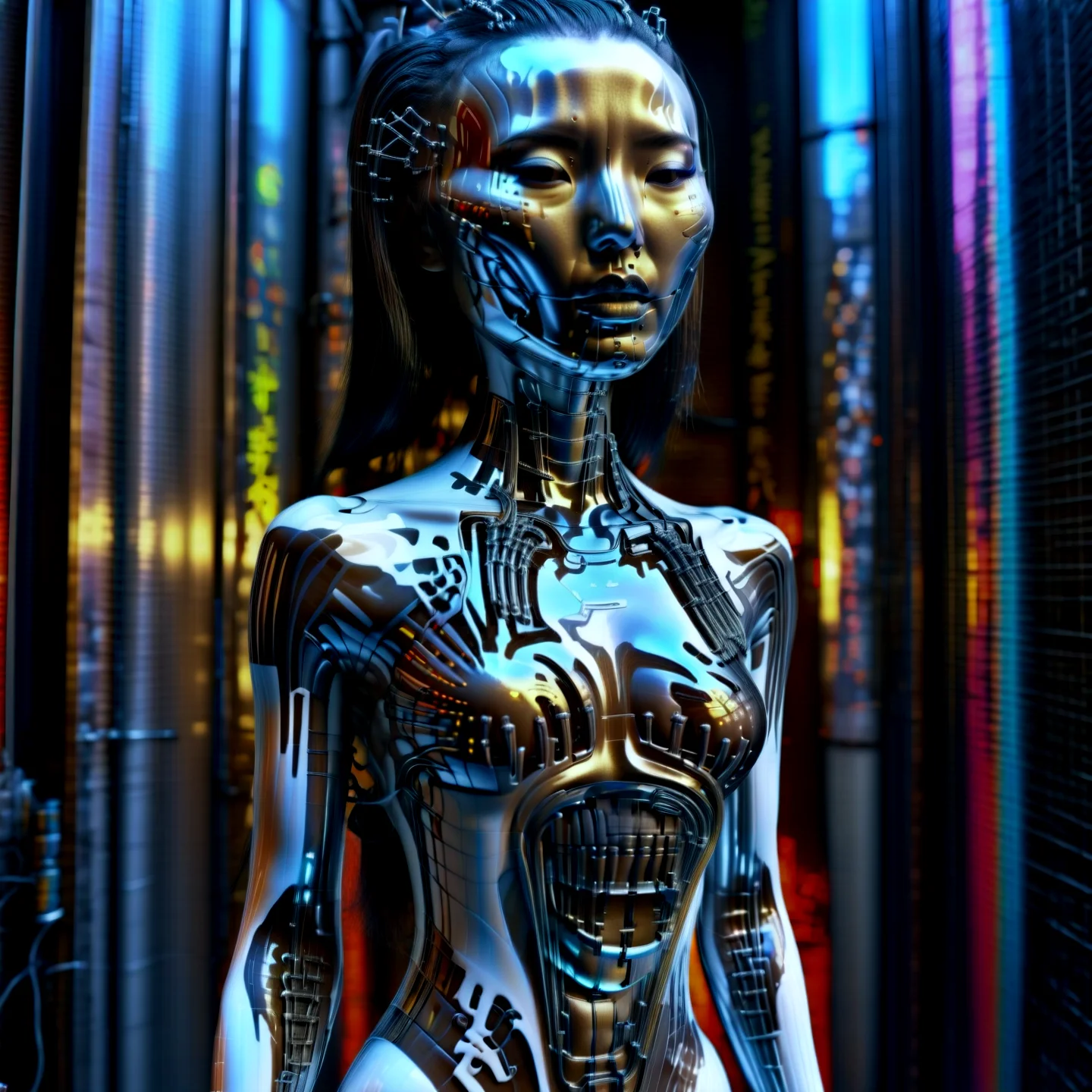 Ankama vivid animation style cyberpunk style, asian female with chorme skin, (full body:1.331), hightech_robotics (Pinhead:1.1) (Hellraiser) with light in his eyes and dark smoke around his body, (white head:1.3), (neon crisscrossing fine lines on face:1.2), (many neon pins pricked the entire head), BREAK stands still in a back alley, looking out to the crowded main street with neon sign, he is hoping to find the next victim, outdoors, high-tech cyberpunk nightcity background, (unreal engine), ray tracing, dynamic light, godrays, reflections, fisheye view, from below angle, long distance shot, hyper detailed, high quality, neon, dystopian, futuristic, digital, vibrant, detailed, high contrast, reminiscent of cyberpunk genre, (by h.r. giger:1.04),bloody flesh, vampire teeth,,. Vibrant colors, expansive storyworlds, stylized characters, flowing motion