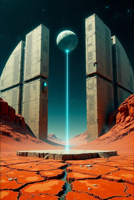 <lora:Legacy_of_the_forerunners_r1:0.8>
Two towering, hollowed monoliths arc inward from opposite sides of a cracked red plain, their inner facings embedded with layered conduit channels and vertical ribs that flicker with the faintest blue resonance. Between them, a dust-choked platform lies aligned with a trajectory pointing toward a fractured moon and orbiting debris fieldsâsuggesting this ground once served as a planetary uplink or acceleration nexus. The stone-metal hybrid of the towers is weathered but indestructible, marked with glyphs that loop and fold across impossible dimensions. Style: planetary void realism with pale cold-cyan illumination over rust-red terrain. Camera: low-angle panoramic sweep, showcasing cosmic backdrop and implied axial energy field geometry.