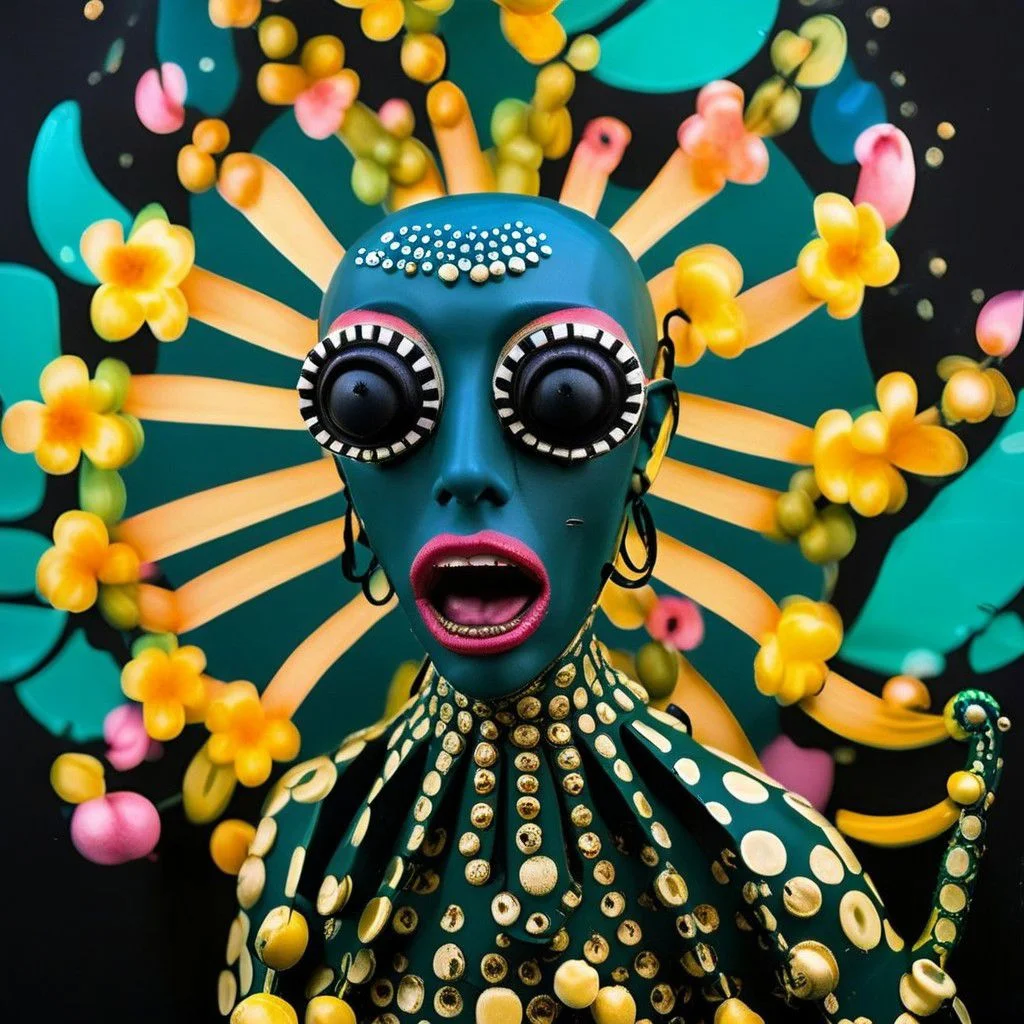 An award winning photograph, a sexy half-watermelon half-octopus deep throating a banana, aboard a futuristic tropical interstellar space craft, 1960s Brazilian Tropicalia science fiction B-movie,