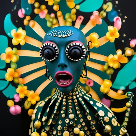 An award winning photograph, a sexy half-watermelon half-octopus deep throating a banana, aboard a futuristic tropical interstellar space craft, 1960s Brazilian Tropicalia science fiction B-movie,