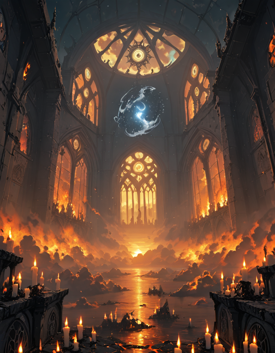 <lora:SW01v1-5xl:1> EFFD02, imagination, epic world, clouds, open jaw, breaking in, halos of light in the darkness of space, fire, EFFY01, epic scale chamber, detailed black robed dark wizard with a skull face, candles, medieval detailed architecture, detailed wall carvings, occult medieval ceremony, stained glass windows, bokeh, fantasy, T8 trees, green, blue, waves, ruins, T10, motion, spacecrafts, cyberpunk city, mist, god rays, sunset,