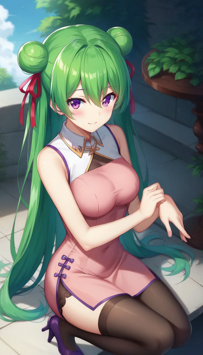 score_9,score_8_up,score_7_up,score_6_up BREAK official art,solo,outdoors,upper body,(portrait:1.5),looking at viewer,facing viewer,smile,blush,Bai Mongfa,very long hair,green hair,double bun,hair ribbon,red ribbon,hair between eyes,parted bangs,purple eyes,chinese clothes,china dress,sleeveless dress,pink dress,bare shoulders,medium breasts,black thighhighs,zettai ryouiki,high heels,purple footwear,<lora:Bai Mongfa(rf)-Pony:1.4>,