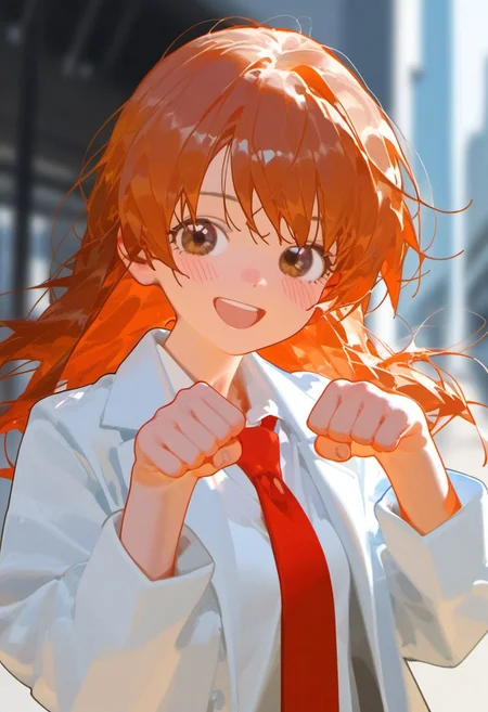 score_9, score_8_up, score_7_up, zuppu11 type 5, nyalia, memento mori, youlichu, 1girl, solo, long hair, looking at viewer, blush, smile, open mouth, shirt, long sleeves, brown eyes, white shirt, upper body, :d, outdoors, necktie, collared shirt, orange hair, blurry, blurry background, red necktie, paw pose, lab coat