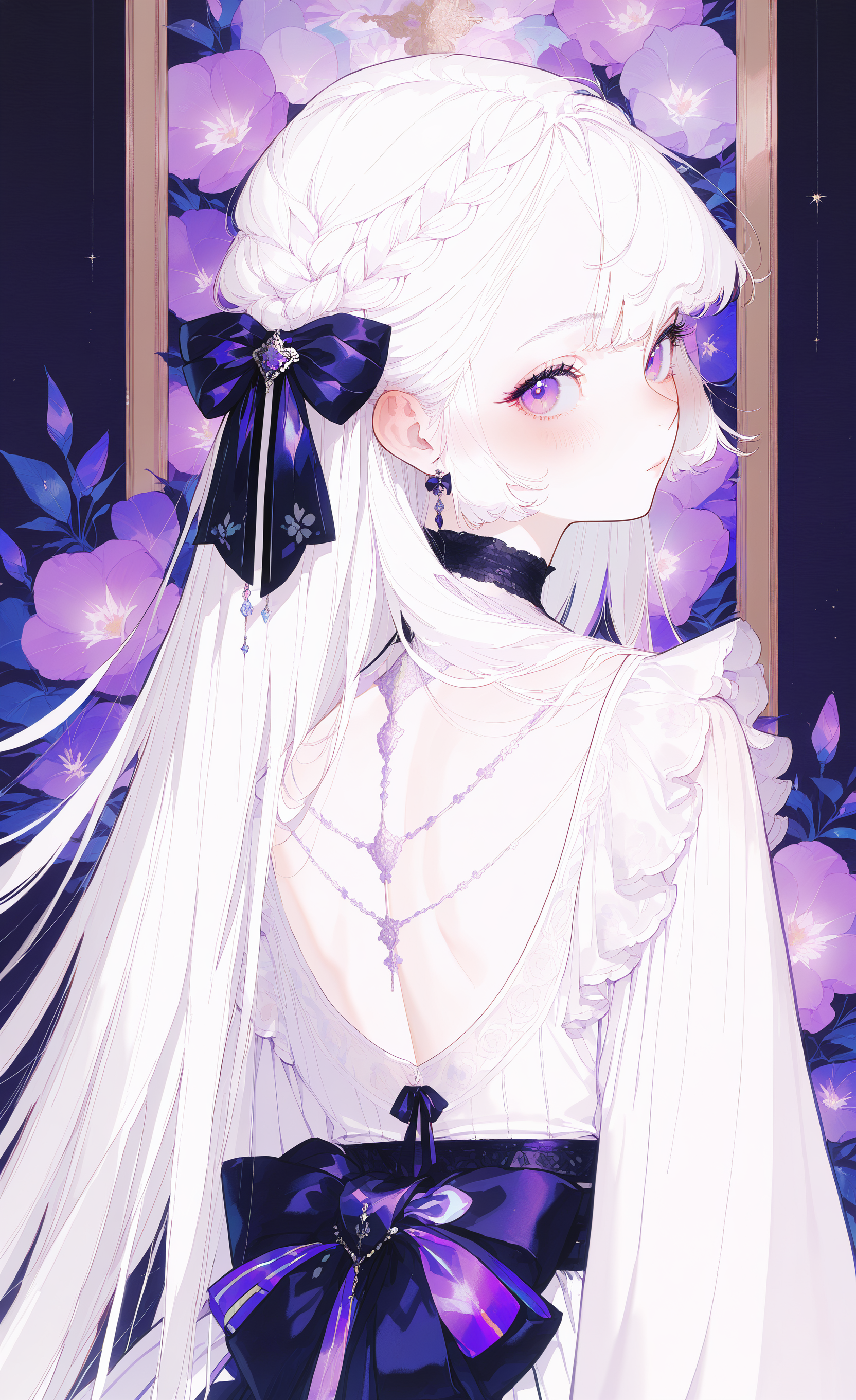 masterpiece, best quality, good quality, very aesthetic, absurdres, newest,
from_behind, from_side,
, 1girl, solo, long_hair, blush, long_sleeves, hair_ornament, dress, bow, ribbon, hair_between_eyes, closed_mouth, jewelry, very_long_hair, purple_eyes,white_hair, braid, hair_ribbon, sidelocks, hair_bow, earrings, frills, choker, looking_back, white_dress, sash, black_bow, black_choker, floral_print, purple_bow, striped_bow, purple_ribbon, back_bow,Standing, Victorian,looking_at_viewer, <lora:ponyv5_noobE11_1_adamW-000013:1> <lora:zzziGnXL_il_lokr_V531:0.7> <lora:wl-illV1-000017:1>