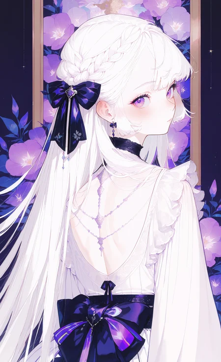 masterpiece, best quality, good quality, very aesthetic, absurdres, newest,
from_behind, from_side,
, 1girl, solo, long_hair, blush, long_sleeves, hair_ornament, dress, bow, ribbon, hair_between_eyes, closed_mouth, jewelry, very_long_hair, purple_eyes,white_hair, braid, hair_ribbon, sidelocks, hair_bow, earrings, frills, choker, looking_back, white_dress, sash, black_bow, black_choker, floral_print, purple_bow, striped_bow, purple_ribbon, back_bow,Standing, Victorian,looking_at_viewer, <lora:ponyv5_noobE11_1_adamW-000013:1> <lora:zzziGnXL_il_lokr_V531:0.7> <lora:wl-illV1-000017:1>