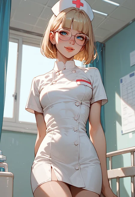 score_9, score_8_up, score_7_up, score_6_up, score_5_up, score_4_up, 1girl, (score_9, score_8_up:1.1), score_7_up, short blonde hair, , blunt bangs, blue eyes, big squared eyeglasses, small breasts, slim, , pale skin, freckles, standing , naughty nurse ,shy smile, closed lips, hospital , room