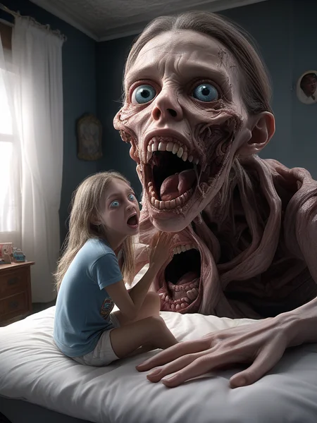Hyperrealistic art realistic photo of a ab0m woman(( sitting on bed)), looking at viewer, open mouth, deformed face, deformed body, in a bedroom <lora:ab0m1:0.5> , detailed, dof,  <lora:Seraphins1.0:1> mystical, seraphins, many eyes . Extremely high-resolution details, photographic, realism pushed to extreme, fine texture, incredibly lifelike