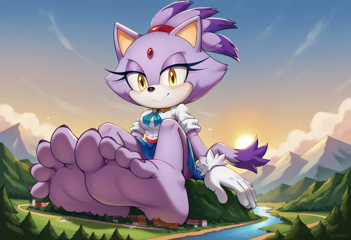 score_9, score_8_up, score_7_up, score_6_up, flat color, 1girl, solo, gloves, <lora:JensDrawings v2:1> j3n, <lora:Blaze the Cat PONYXL:0.8> blaze the cat, forehead jewel, yellow eyes, tail, topknot, purple fur, white gloves, fur trimmed gloves, white shirt, blue brooch, blue skirt, standing, smile, vary low angle, ((macro)), ((giantess)), outdoors, ((sunshine)), ((sunny day)), ((bright light)), in the city, full body, natural round breasts, perfect face, focus on furry, shy face, wide hips, cleavage crease, (sexy perfect face), looking down at viewer, sexy, highly detailed, (cute girl), Expressiveh, perfect eyes, ((medium breasts)), long legs,giant feet, (shrunken city :1.3), (shrunken cityscape:1.3), landscape, barefeet, orgasm face, sitting, blue sky, daytime,foot focus, view from ground