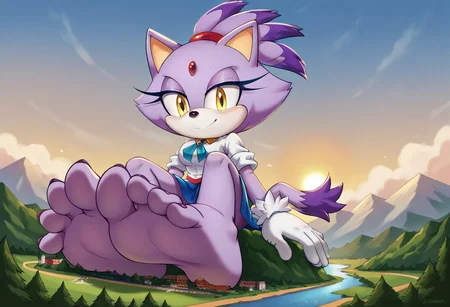 score_9, score_8_up, score_7_up, score_6_up, flat color, 1girl, solo, gloves, <lora:JensDrawings v2:1> j3n, <lora:Blaze the Cat PONYXL:0.8> blaze the cat, forehead jewel, yellow eyes, tail, topknot, purple fur, white gloves, fur trimmed gloves, white shirt, blue brooch, blue skirt, standing, smile, vary low angle, ((macro)), ((giantess)), outdoors, ((sunshine)), ((sunny day)), ((bright light)), in the city, full body, natural round breasts, perfect face, focus on furry, shy face, wide hips, cleavage crease, (sexy perfect face), looking down at viewer, sexy, highly detailed, (cute girl), Expressiveh, perfect eyes, ((medium breasts)), long legs,giant feet, (shrunken city :1.3), (shrunken cityscape:1.3), landscape, barefeet, orgasm face, sitting, blue sky, daytime,foot focus, view from ground