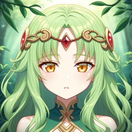 mana_sk style, portrait, focus on face, a serene nature guardian girl with long, wavy green hair adorned with small blossoms and bright amber eyes, wearing a delicate circlet made of vines and gemstones, her expression calm and protective, faint sunlight filtering through dense forest leaves in the background, Japanese RPG style, natural and mystical atmosphere, intricate details on her circlet and hair