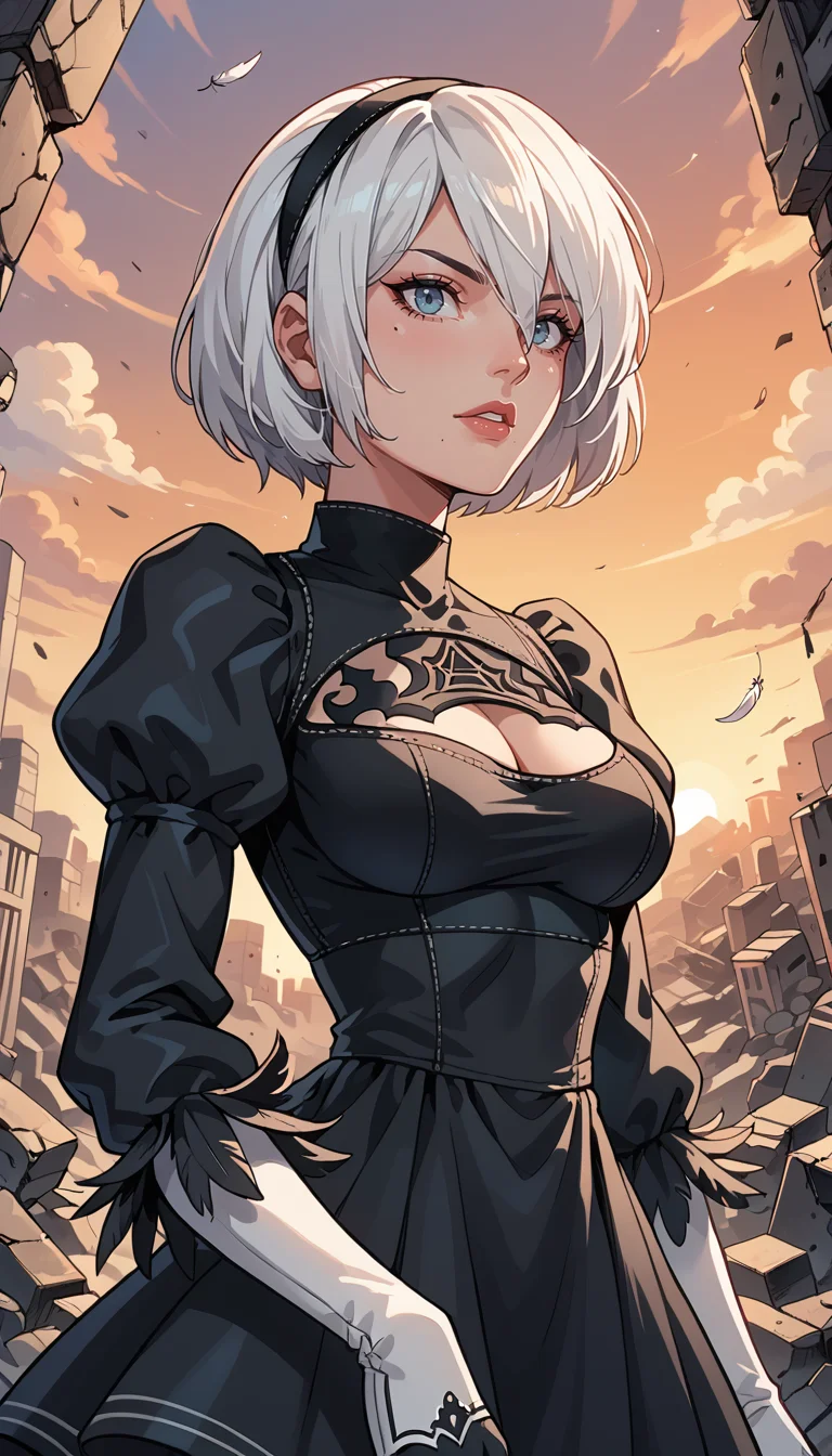 score_9, score_8_up, score_7_up, Western Comics, Portrait, yorha no. 2 type b, short white hair, black dress, hairband, clothing cutout, cleavage cutout, puffy sleeves, black hairband, feather-trimmed sleeves, juliet sleeves, mole under mouth, sunset, rubble in the background, depth of field, dynamic angle, fashion photography, sharp, hyperdetailed:1.15