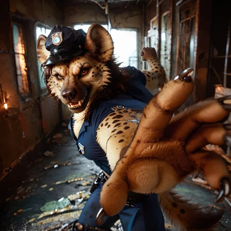 score_9, score_8_up, score_7_up, score_6_up, pov, source_furry, (furry, female, curvy, claws, paws, fangs, detailed fur, brown fur, brown hair, hyena_female, anthro, mature female, muscles, standing, police uniform, police hat, short sleeves, strong, holding viewer, punching viewer, angry), very sharp, very detailed, low light, darkness, night, abandoned building, dim lighting, d4rkv1b3, Abandoned Hospital, blurry background, pov, incoming punch, perfecteyes
