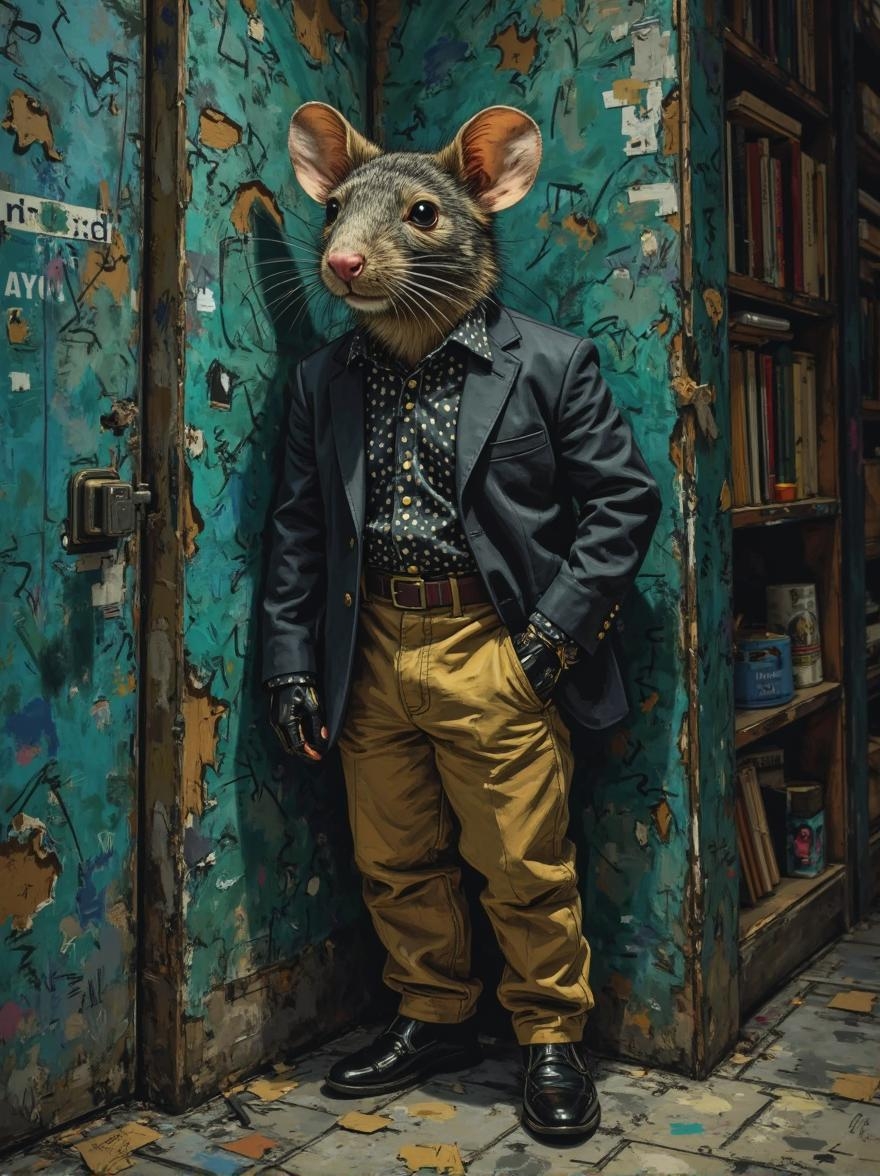 <lora:ck-Ivan-Beslic-Art-Style-000019.safetensors:1> A highly detailed and vibrant digital painting in the style of ck-ib
An elegantly styled anthropomorphic rat stands confidently against a weathered turquoise wall, dressed in tan pants, a polka-dot button-down shirt, and black leather gloves. Soft lighting adds a dreamy, timeless appeal to the scene, set in a dimly lit alleyway with a peeling paint-covered wall and a scent of old books and forgotten memories.