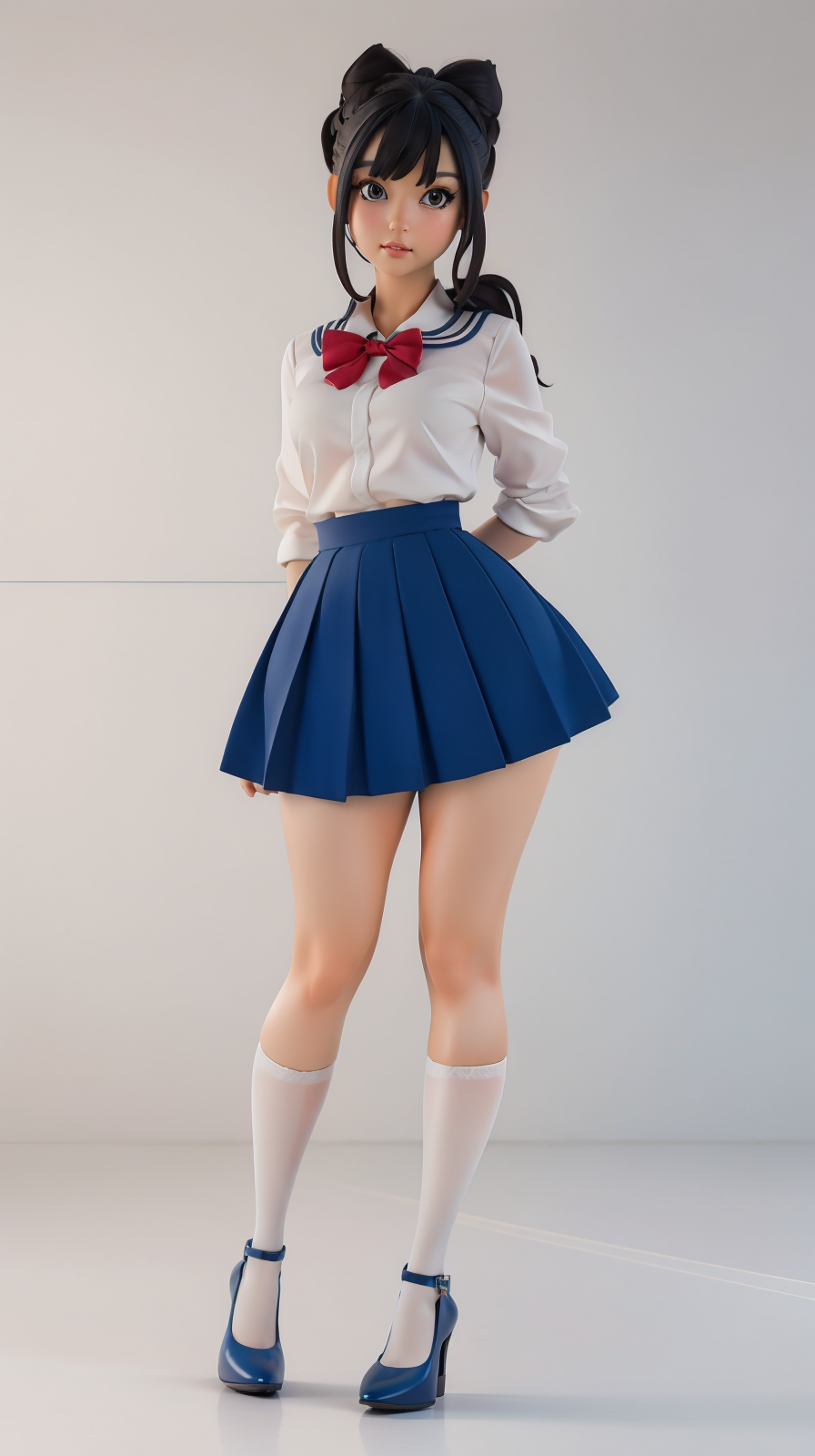 high detailed, masterpiece <lora:Sexy-Japanese:1> as cartoon character, updo straight hair, black eyes, school dress, high heel shoes, looking at viewer, perfect hands, wide hips, thick thighs, ultra realistic digital art, a 3D render, photorealism, clean scene, white background, white wall, shinny floor, white floor,  <lora:xueshengzhaung_20230910160840:0.5> <lora:P2p0:0.4> <lora:Sexy-Figures:1>