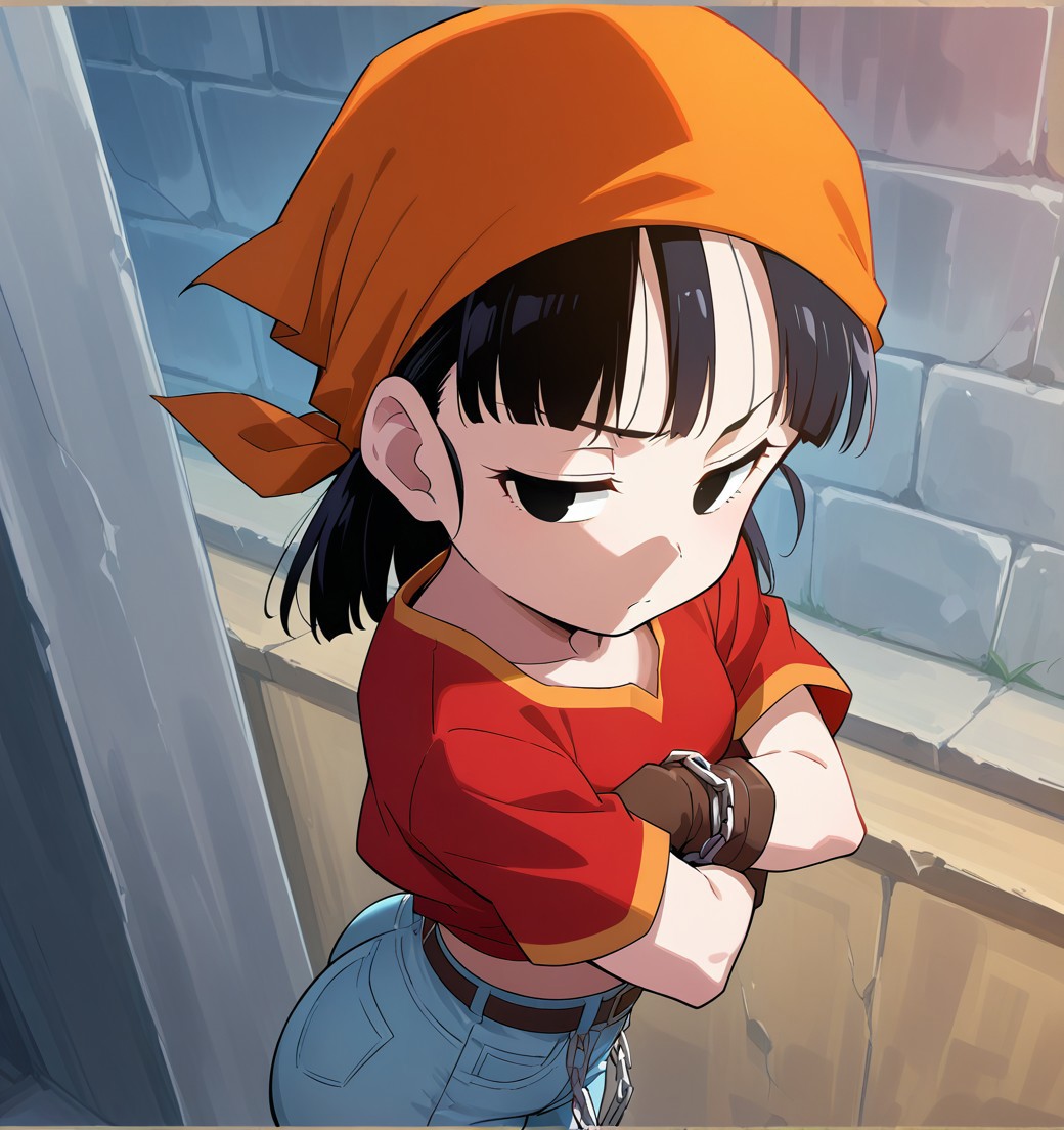 (<The-killer-wc_artist>) short black hair, black eyes, orange bandana, red shirt, gloves,tight jean pants, belt, chain, hands on hips, small_breasts, medium size ass, side view, arms crossed,