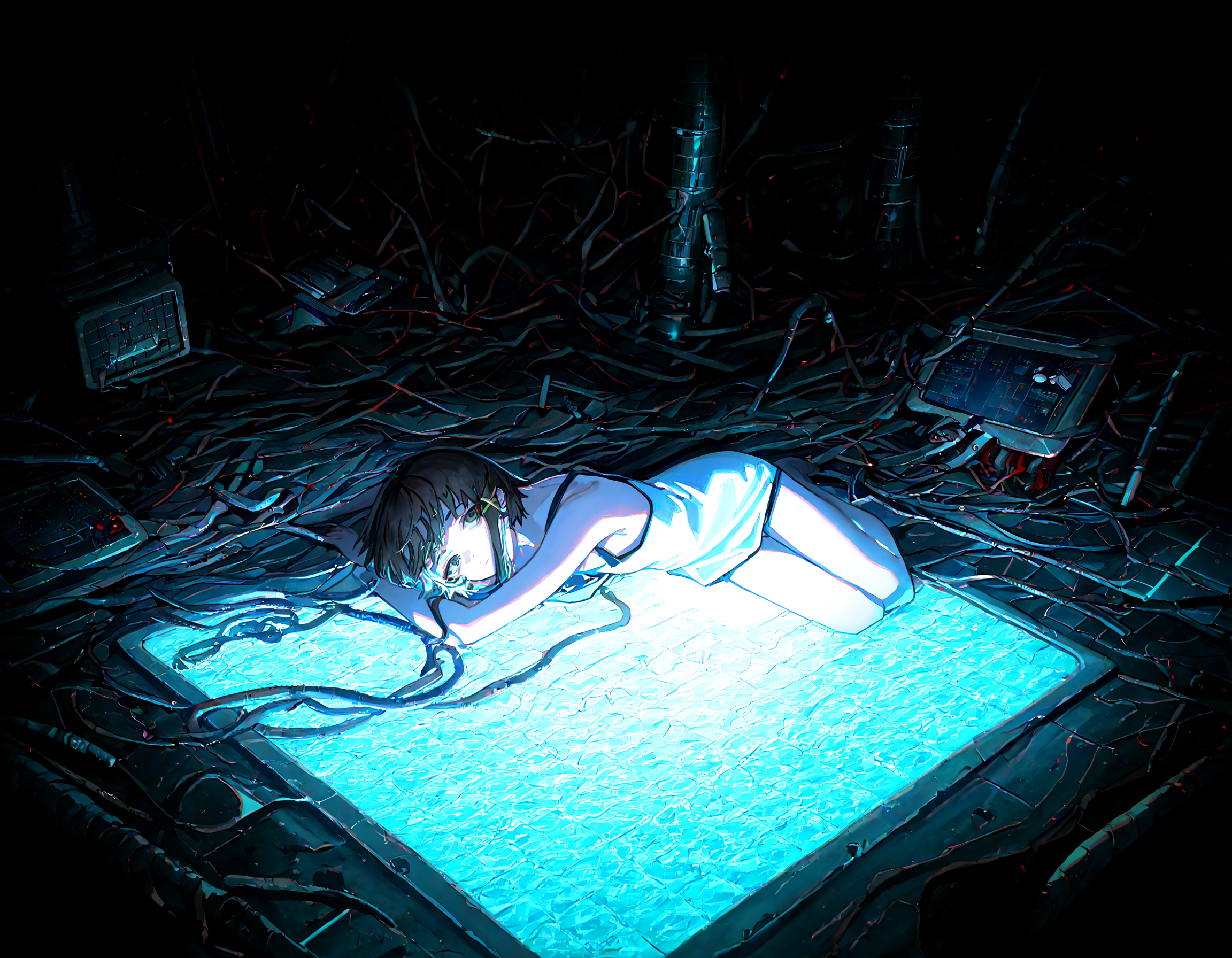 masterpiece, best quality, amazing quality, very aesthetic, absurdres,  newest, soft lighting, dark light,
1girl, iwakura lain,  solo,  thigh_gap , dark_background, cable, looking_at_viewer ,pile , spaghetti_strap , utility_pole,wire,entangled, digital_rain, from above, white camisole ,head up, head tilt,
optical illusion,yoneyama mai,quasarcake:0.7, rolua, negative space, cinematic shot, very awa, science fiction,matrix, code, digital,computer, glitch, covered  in wire, squatting, armpit, thick thigh, green background,all four, on stomach, 
<lora:cfg_scale_boost:0.7>, <lora:illustrious_noobai_epsilon_pred_11_very_aesthetic_v1:0.6>, <lora:illustrious_noobai_epsilon_pred_1_masterpieces_v1:0.6>, <lora:illustrious_noobai_epsilon_pred_1_best_quality_v1:0.6>, <lora:Lain_PonyXLv3:0.7>, <lora:Code__Digital_World_Morph_v2_PONY_XL_by_UOC:0.7>, <lora:USNR STYLE_XL_loha:0.7>