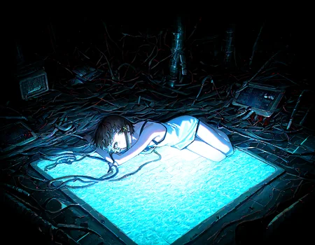 masterpiece, best quality, amazing quality, very aesthetic, absurdres,  newest, soft lighting, dark light,
1girl, iwakura lain,  solo,  thigh_gap , dark_background, cable, looking_at_viewer ,pile , spaghetti_strap , utility_pole,wire,entangled, digital_rain, from above, white camisole ,head up, head tilt,
optical illusion,yoneyama mai,quasarcake:0.7, rolua, negative space, cinematic shot, very awa, science fiction,matrix, code, digital,computer, glitch, covered  in wire, squatting, armpit, thick thigh, green background,all four, on stomach, 
<lora:cfg_scale_boost:0.7>, <lora:illustrious_noobai_epsilon_pred_11_very_aesthetic_v1:0.6>, <lora:illustrious_noobai_epsilon_pred_1_masterpieces_v1:0.6>, <lora:illustrious_noobai_epsilon_pred_1_best_quality_v1:0.6>, <lora:Lain_PonyXLv3:0.7>, <lora:Code__Digital_World_Morph_v2_PONY_XL_by_UOC:0.7>, <lora:USNR STYLE_XL_loha:0.7>