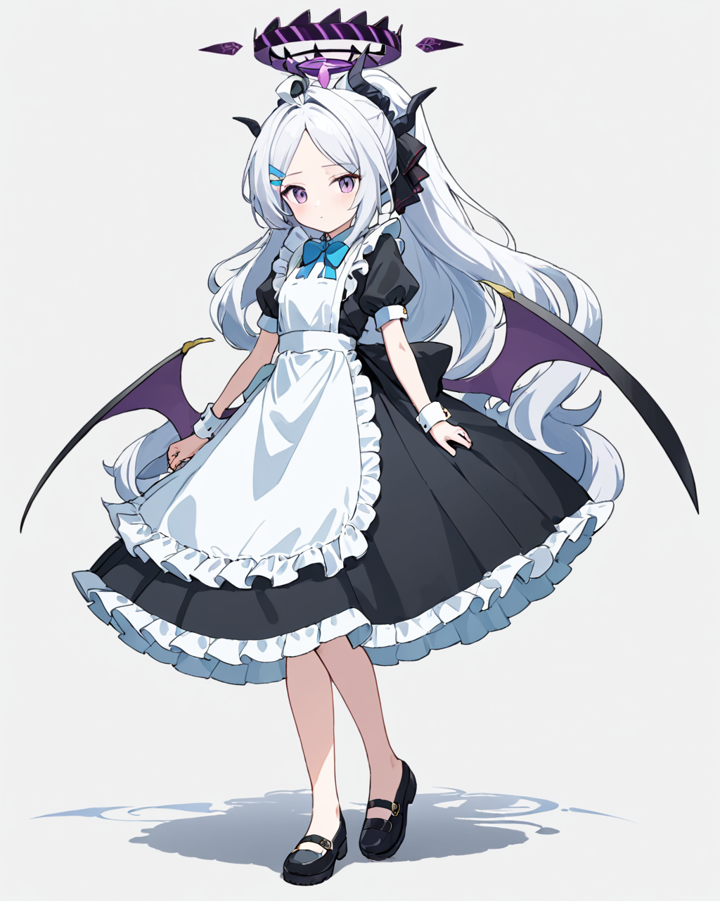 hina \(blue archive\),1girl, solo, white_apron, halo, white_background, full_body, black_footwear, frilled_apron, blush, simple_background, black_dress, maid_apron, squiggle, enmaided, standing, holding, mary_janes, holding_own_arm, low_wings, looking_at_viewer, alternate_hairstyle, closed_mouth, hair_bow, sidelocks, ponytail, multiple_horns, wrist_cuffs, puffy_short_sleeves, ahoge, bare_legs
<lora:hina_(blue_archive)_image1095_batch3_v1-000040:1>,halo,. gorgeous,key visual, vibrant, studio anime,award-winning, professional, highly detailed,high budget, cinemascope