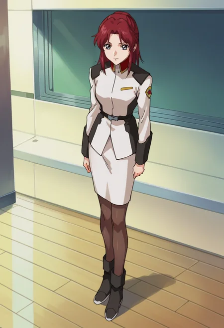 score_9,score_8_up,score_7_up,score_6_up,score_5_up,score_4_up,anime coloring,source_anime,<lora:Flay_Allster_Gundam_SEED_Pony:0.8>,flay,1girl,solo,grey eyes,red hair,high ponytail,white jacket,white skirt,pantyhose,black boots,standing,indoors,room,looking_at_viewer,