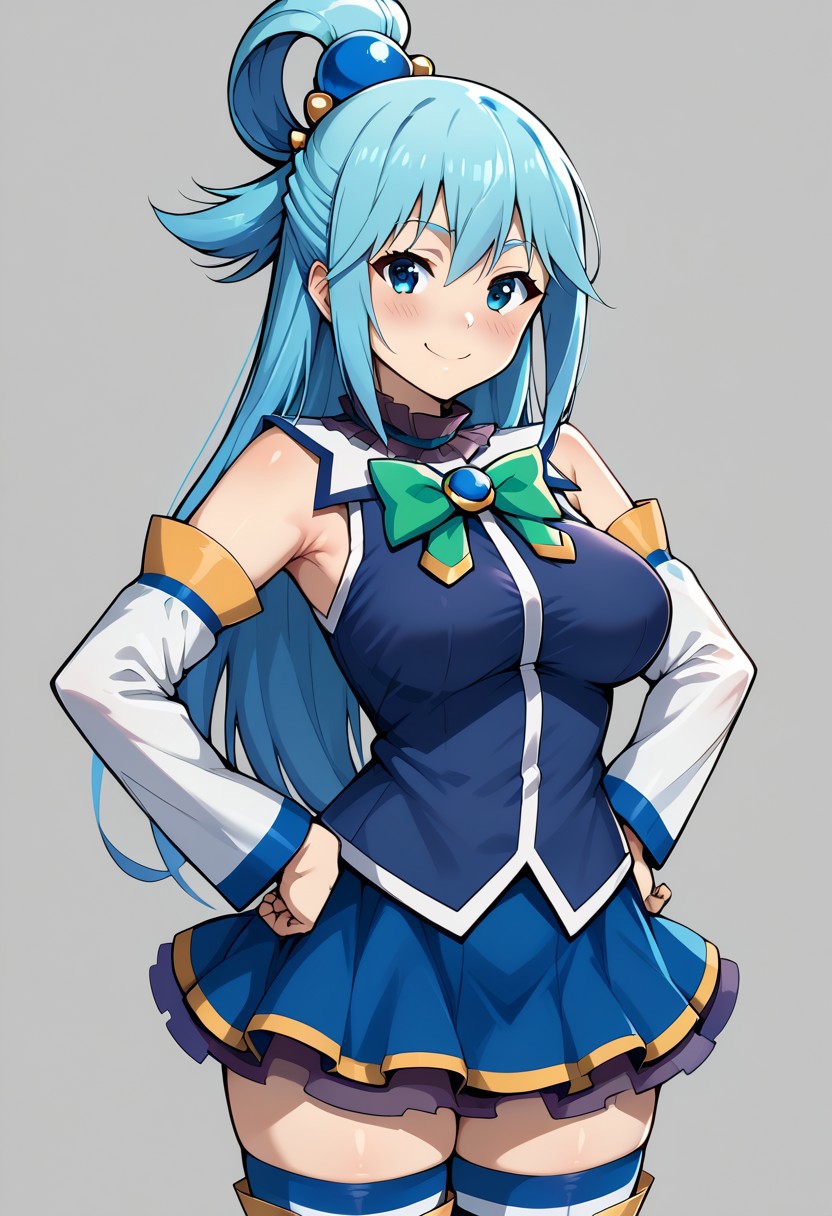 score 9, score 8 up, score 7 up, konosuba, aqua /(konosuba/), 1girl, solo, long hair, blue eyes, thighhighs, smile, skirt, blue hair, detached sleeves, breasts, looking at viewer, hair rings, single hair ring, simple background, blue skirt, hands on hips, hair ornament, blue shirt, blush, bangs, grey background, green bow, shirt, white thighhighs, bow, bare shoulders, large breasts, closed mouth, cowboy shot, bowtie