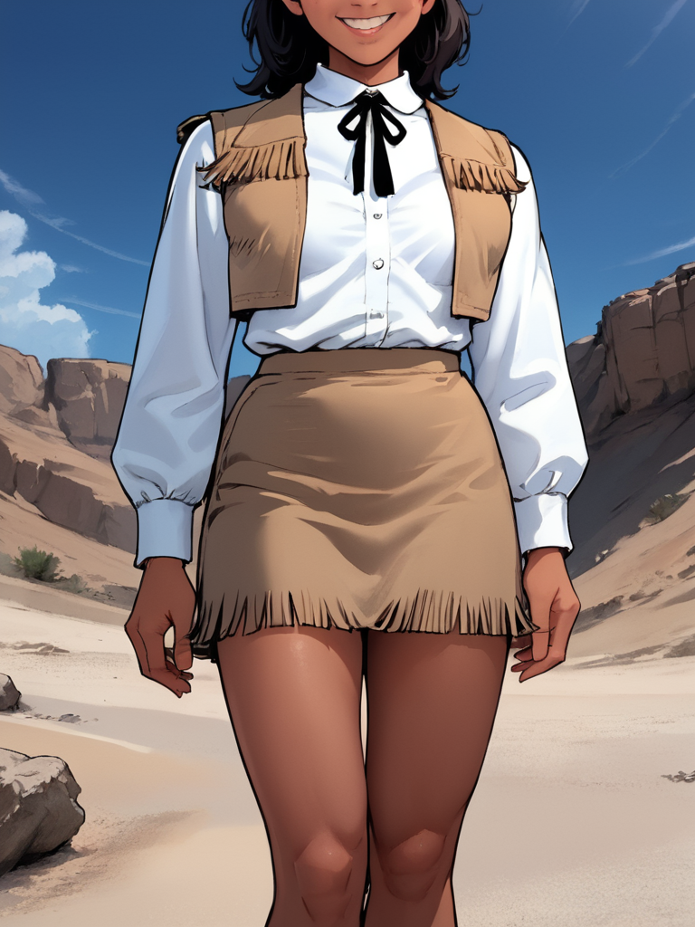 score_9, score_8_up, score_7_up, 1girl, solo,<lora:100_shaider_annie_pdxl:1> 1girl, solo, annie_shaider, anncost1, black hair, shoulder length hair, bangs, brown eyes, Japanese woman, white collar shirt,  bolo tie, tan vest with fringe, tan fringed skirt, legs, standing, smile, close up view, white panties, pantyshot, in desert