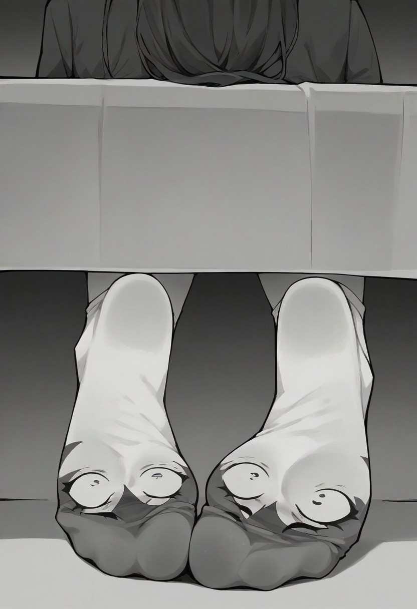 score_9, score_8_up, score_7_up, score_6_up, m4ng4, manga, monochrome, greyscale, (long hair:1.2), 1girl, comic, <lora:m4ng4XLP:1>, two panels, 2 panels, horizontal panels, black hair, tired, computer, sole showing, living socks, soxks have detailed eyes on soles, (((first panel, 1st panel - girl face focus, side view,))), (((second panel, 2d panel - showing legs, feet, socks, under table, foot focus, back view,)))