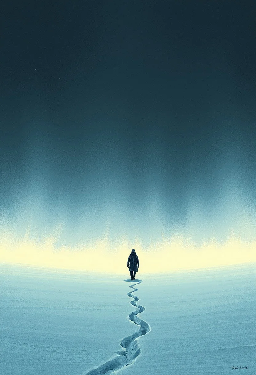 A lone figure walking across an endless glowing snowfield, their small silhouette almost dissolving into the light-filled landscape, evoking a sense of solitude and mystery.
surreal nightmarish realism, intricate ink cross-hatching with hyper-detailed painting, cinematic dramatic lighting, eerie ghostly landscapes, psychologically intense figures, twisted dreamlike horror, deep chiaroscuro shadows, dark atmospheric storytelling