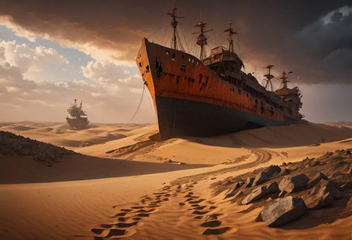 post apocalypse, doom, broken city in the back covered by dunes and sand, desert, dunes, broken bridge, broken bridge covered by sand, broken rusty ship, orange light, dramatic, cinematic lightning, UHD, 8k, realistic, cinematic photo, rocks and gravel, dark clouds,