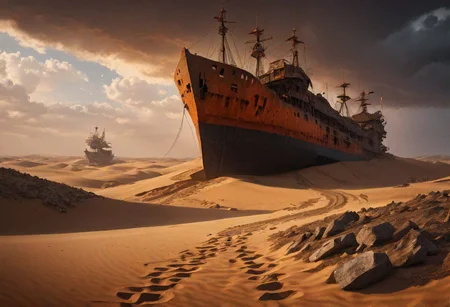 post apocalypse, doom,  broken city in the back covered by dunes and sand, desert, dunes, broken bridge, broken bridge covered by sand, broken rusty ship,  orange light, dramatic, cinematic lightning, UHD, 8k, realistic, cinematic photo, rocks and gravel, dark clouds,