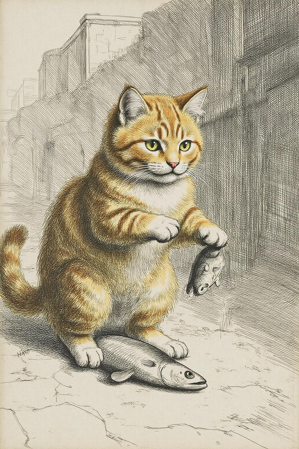 rembr1 etching of a golden tabby stealing a fish, running away in a market.  <lora:rembr_etch4_cap_d6a3e11:0.8><lora:810579291042581593:0>