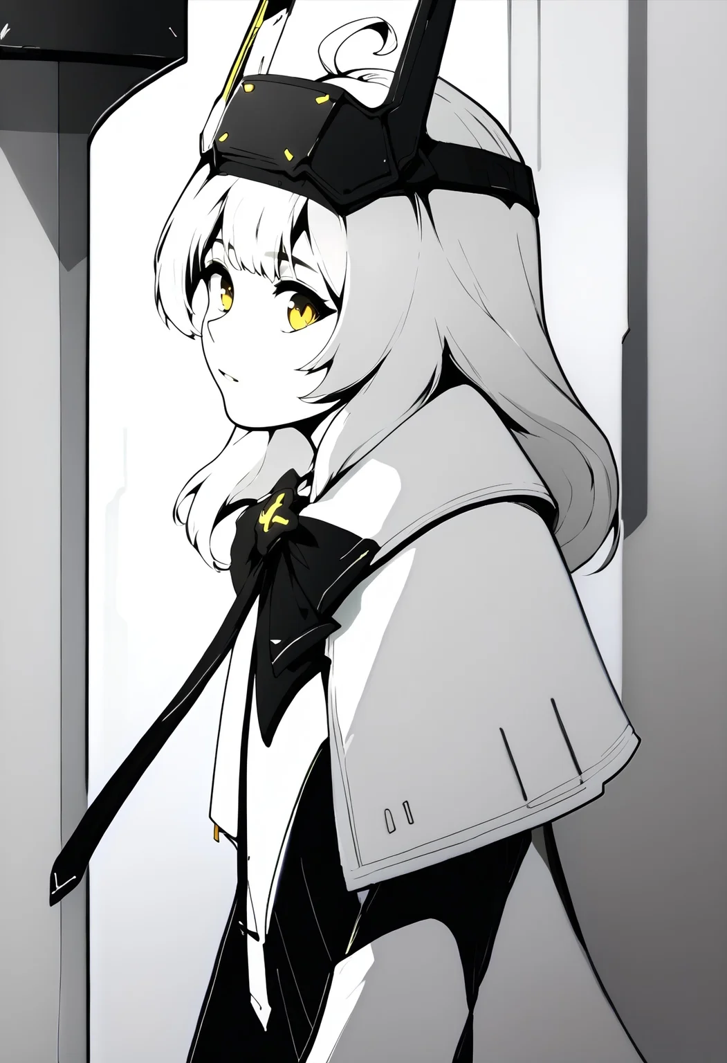 monochrome,
looking at viewer, from side, futuristic city, 
swpre, white hair, long hair, ahoge, yellow eyes, headgear, bow, necktie, white capelet, black dress, long sleeves, suspenders
score_9,score_8_up,score_7_up, 
 <lora:Potat_dark_ink_v1_monochrome-RS24:1><lora:snowwhite-nikke-richy-v1_pdxl:1>