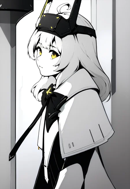 monochrome,
looking at viewer, from side, futuristic city,
swpre, white hair, long hair, ahoge, yellow eyes, headgear, bow, necktie, white capelet, black dress, long sleeves, suspenders
score_9,score_8_up,score_7_up,
<lora:Potat_dark_ink_v1_monochrome-RS24:1><lora:snowwhite-nikke-richy-v1_pdxl:1>
