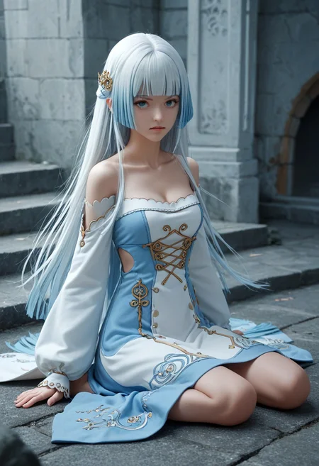 <lora:XilingJiyuan:1>, score_9, score_8_up, score_7_up, score_6_up, score_5_up, score_4_up, source_anime, , dynamic pose, Pandora, long hair, blue eyes, dress, blue hair, collarbone, white hair, medium breasts, blunt bangs, clothing cutout, cleavage cutout, hime cut,off shoulders, things, no shoes