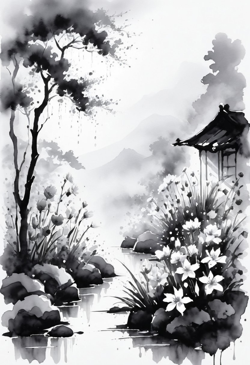 sunlight, nature, outdoors, scenery, flowers, rain
 ink-painting, ink wash,, ink wash painting,, white background,, SLPASHTER_3-7000, zavy-slhtt, black silhouette, monochrome