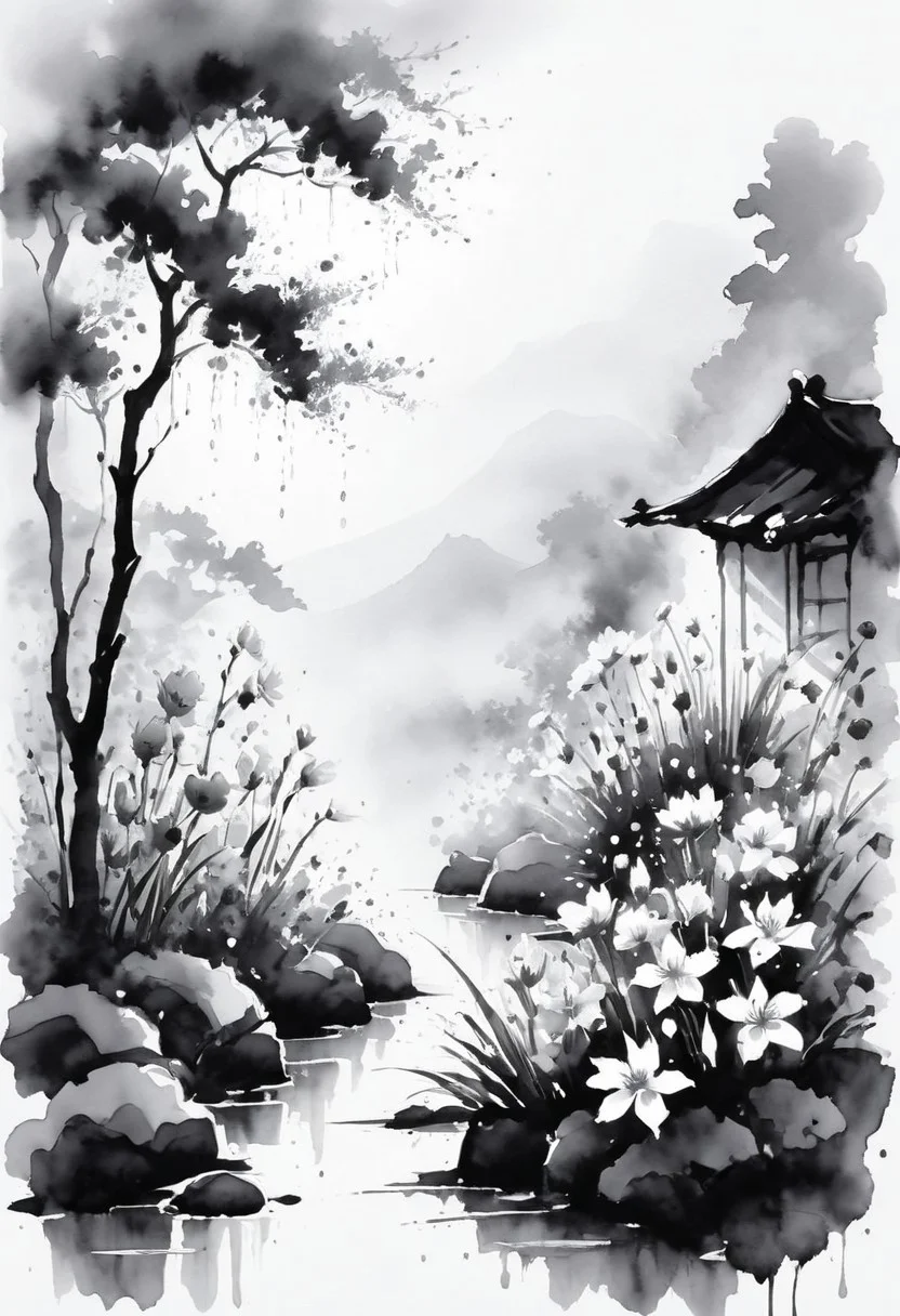 sunlight, nature, outdoors, scenery, flowers, rain
ink-painting, ink wash,, ink wash painting,, white background,, SLPASHTER_3-7000, zavy-slhtt, black silhouette, monochrome