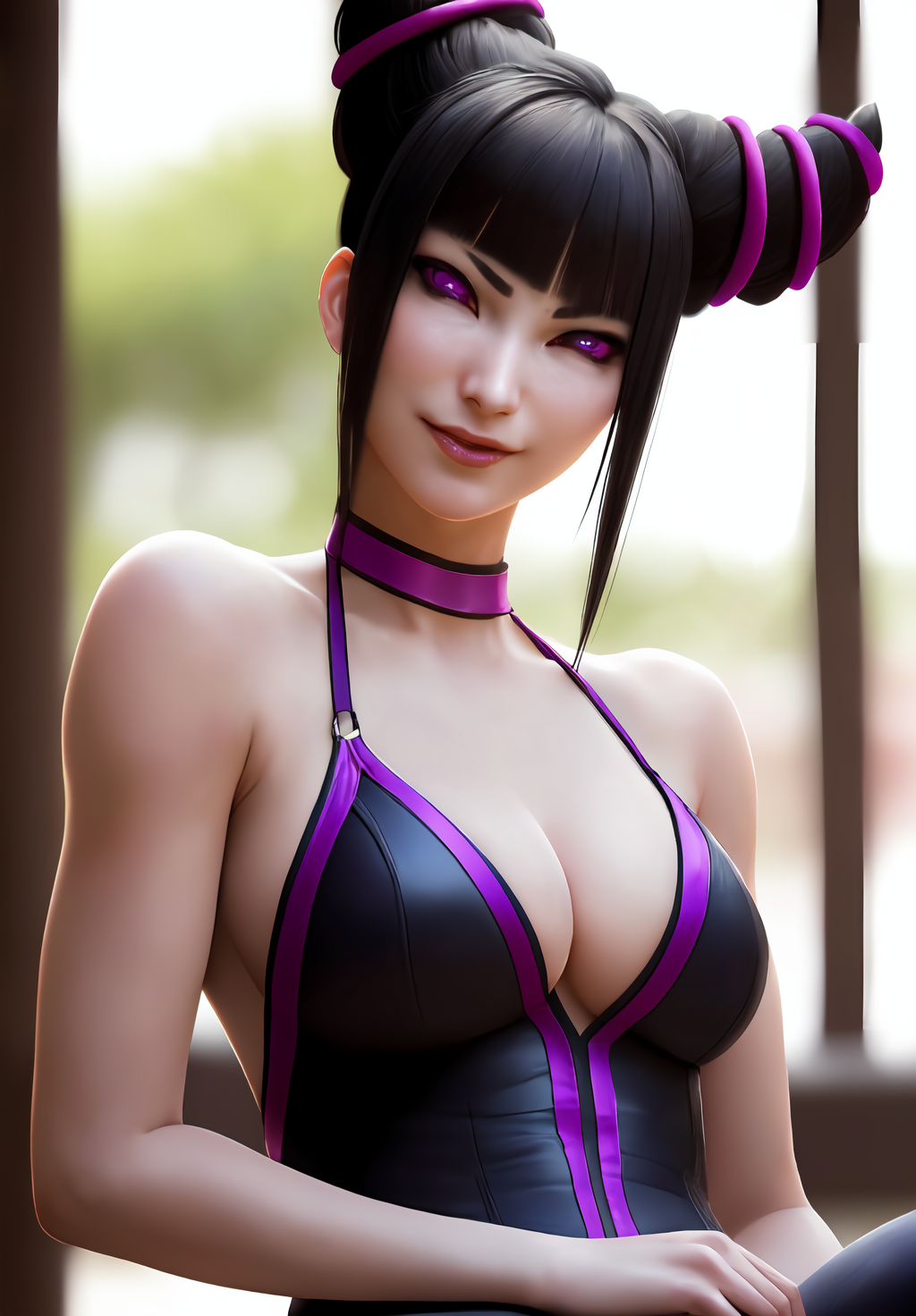 (Photo:1.3), highdetail, <lora:juri_han:0.8>, juri_han, 1girl, solo, smirk, sitting, Dark red, gray, and black colors, vibrant colors, (summer, sunny weather:1.3), medium intensity lighting, (Soft focus:1.3), (acclaimed, alluring, captivating, exciting, gorgeous, striking:1.3), (ultra realistic, sharp focus:1.3)