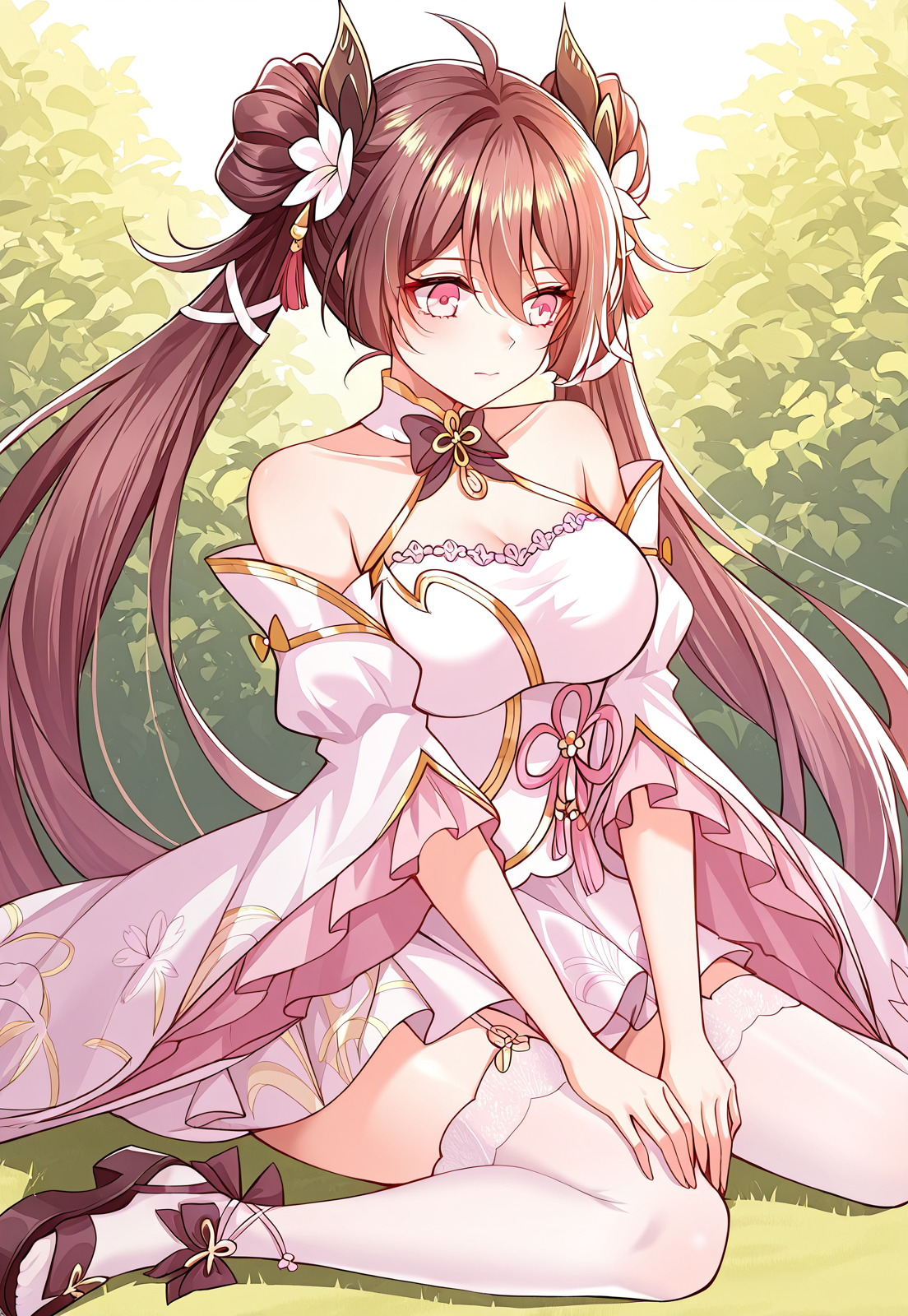 <lora:It_Starts_With_The_Confession_To_The_Beauty_Master__Zhang_Luoyan:1>
1 girl, solo, long hair, brown hair, twin tails, hair buns, pink-red eyes, hair between eyes, twin buns with ribbons, floral ornaments, 
white frilled dress, short skirt, detached sleeves, layered sleeves, pink waist ribbon, large chest bow, golden trim, layered fabric, white thigh-high stockings, garter straps, 
flower anklets, platform sandals, strappy shoes, bow-tie heels, petal-shaped hem,
score_9, score_8_up, score_7_up, masterpiece, best quality, absurdres, perfect anatomy, 1girl, solo, wariza, sitting, hands on own knees, garden background