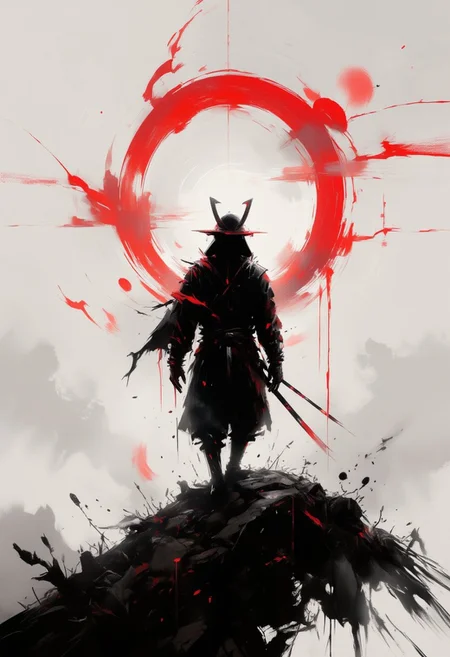 aidmaimageupgrader, samurai, hill, back view, katana, sword, shadow, silhouette, black and white, monochrome, red accents, dramatic lighting, atmospheric, foggy background, japanese culture, minimalist, moody, contrast, sunset glow, isolated figure, reflective pose,pscho_4rt