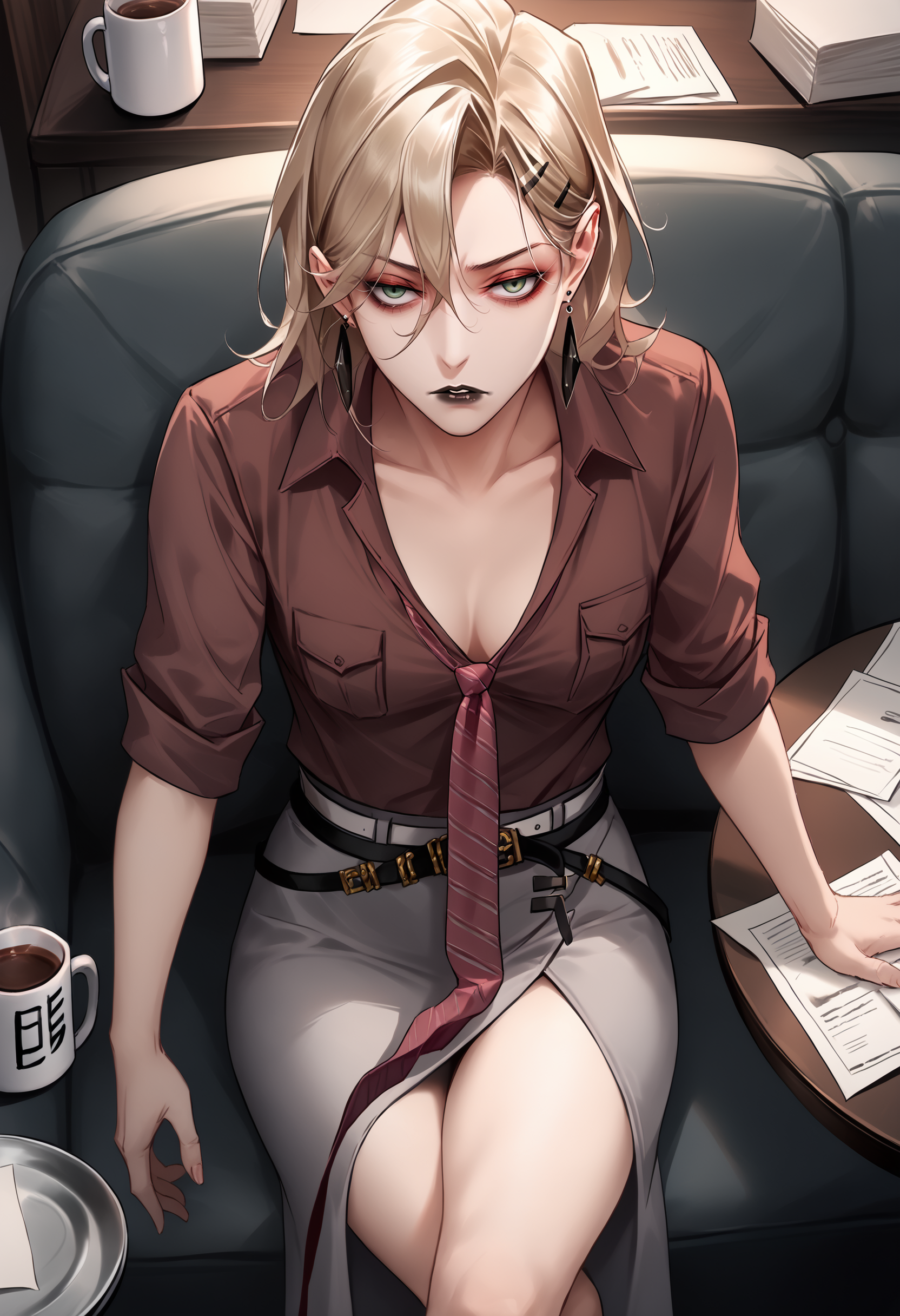 score_9, score_8_up, score_7_up <lora:langleyptn-ponyxl-beta2-10:1.0> langleyPTN BREAK 1girl, solo, brown shirt, collared shirt, collarbone, plunging neckline, downblouse, from above, breasts, sitting, chair, couch, loose necktie, red striped necktie, tie clip,  sleeves rolled up, grey pencil skirt, long skirt, side slit, belt, black belt, makeup, black lips, teeth, crossed legs, thighs, looking at viewer, expressionless, tired, parted lips, earrings, indoors, paper stack, desk, office, ashtray, green eyes, bags under eyes, (coffee mug:1.2),