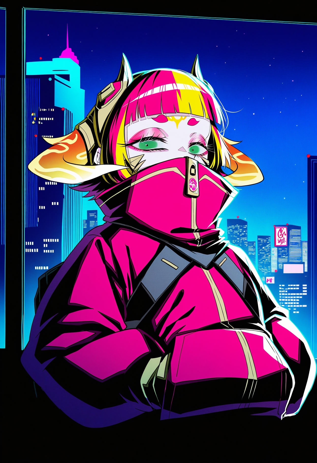 annie \(league of legends\), lunar beast annie, momofuki rio,(rolua:1.2), close-up, portrait, league of legends, 1girl, solo, looking at viewer, short hair, bangs, blonde hair, horns, long sleeves, green eyes, standing, jacket, red hair, multicolored hair, horns,  blunt bangs, orange hair, two-tone hair, streaked hair, eyelashes, makeup, headgear, facial mark,multicolored clothes, red jacket, eyeshadow, puffy long sleeves, high collar, hands in pockets, short eyebrows, covered mouth, duel monster
(traditional media,:0.7)(hatching \(texture\),: :0.3)(masterpiece:0.5) scenery, dark, volumetric lighting, window, night, city, city lights,