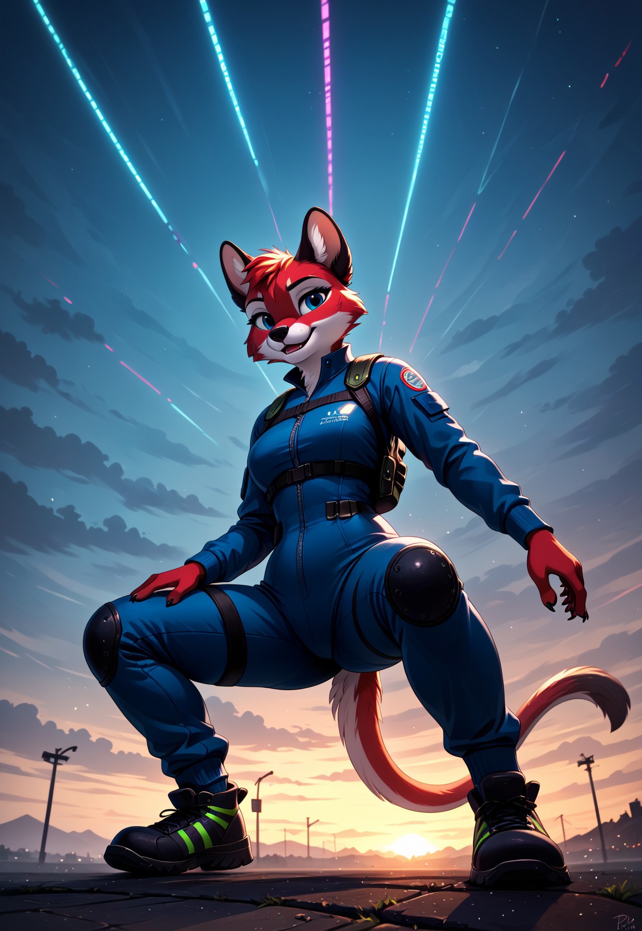 safe_pos, safe_pos, safe_pos, score_9, score_8_up, score_7_up, score_6_up, photorealistic, epiCPhotoGasm-colorfulPhoto, Realistic, highres, super high resolution, 8k, photo,  furry, anthro, female, 
(nistyle:1.2) cinematic shot of a heroine squatting on a plank bridge by night. she wears a tight black combat suit with violet accents. her compact posture conveys agility and deftness, her expression is calm and ready. 
her black and violet short hair furiously swaying in the wind. 
her silhouette illuminated by a blurry blue glow, creating a stark contrast with the background. cold blue light highlighting her hyper detailed fabrics and skin.
the plank bridge is placed high in the sky, probably between skyscrapers. below a sprawling megacity, illuminated by vivid colorful neon lights, furry, anthro