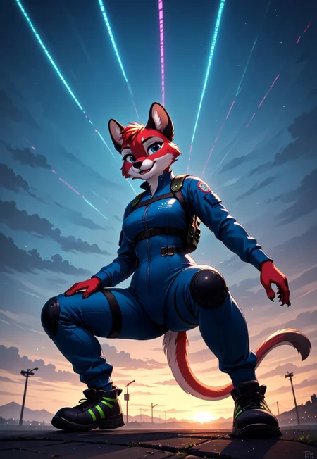 safe_pos, safe_pos, safe_pos, score_9, score_8_up, score_7_up, score_6_up, photorealistic, epiCPhotoGasm-colorfulPhoto, Realistic, highres, super high resolution, 8k, photo, furry, anthro, female,
(nistyle:1.2) cinematic shot of a heroine squatting on a plank bridge by night. she wears a tight black combat suit with violet accents. her compact posture conveys agility and deftness, her expression is calm and ready.
her black and violet short hair furiously swaying in the wind.
her silhouette illuminated by a blurry blue glow, creating a stark contrast with the background. cold blue light highlighting her hyper detailed fabrics and skin.
the plank bridge is placed high in the sky, probably between skyscrapers. below a sprawling megacity, illuminated by vivid colorful neon lights, furry, anthro